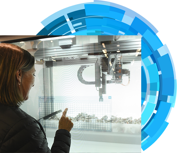 Woman pointing at objects in a display